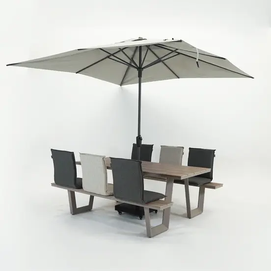 Vita Massa rechthoekige picknicktafel taupe parasol sfeer, Vita tuinmeubelen, tuinmeubels.nl