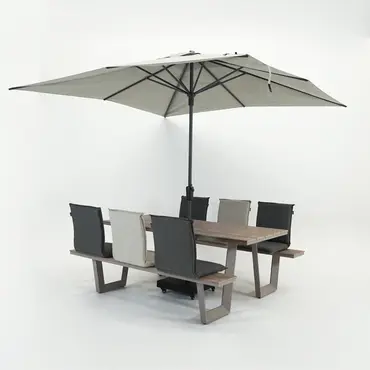 Vita Massa rechthoekige picknicktafel taupe parasol sfeer, Vita tuinmeubelen, tuinmeubels.nl