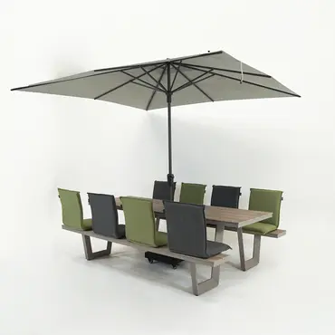 Vita Massa rechthoekige picknicktafel taupe XL napoli zitjes en parasol, Vita tuinmeubelen, tuinmeubels.nl