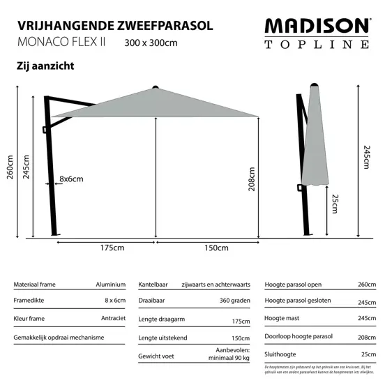 Zweefparasol Monaco flex II brick red uitgetekend, Madison, tuinmeubels