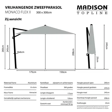 Zweefparasol Monaco flex II sage groen uitgetekend, Madison, tuinmeubels