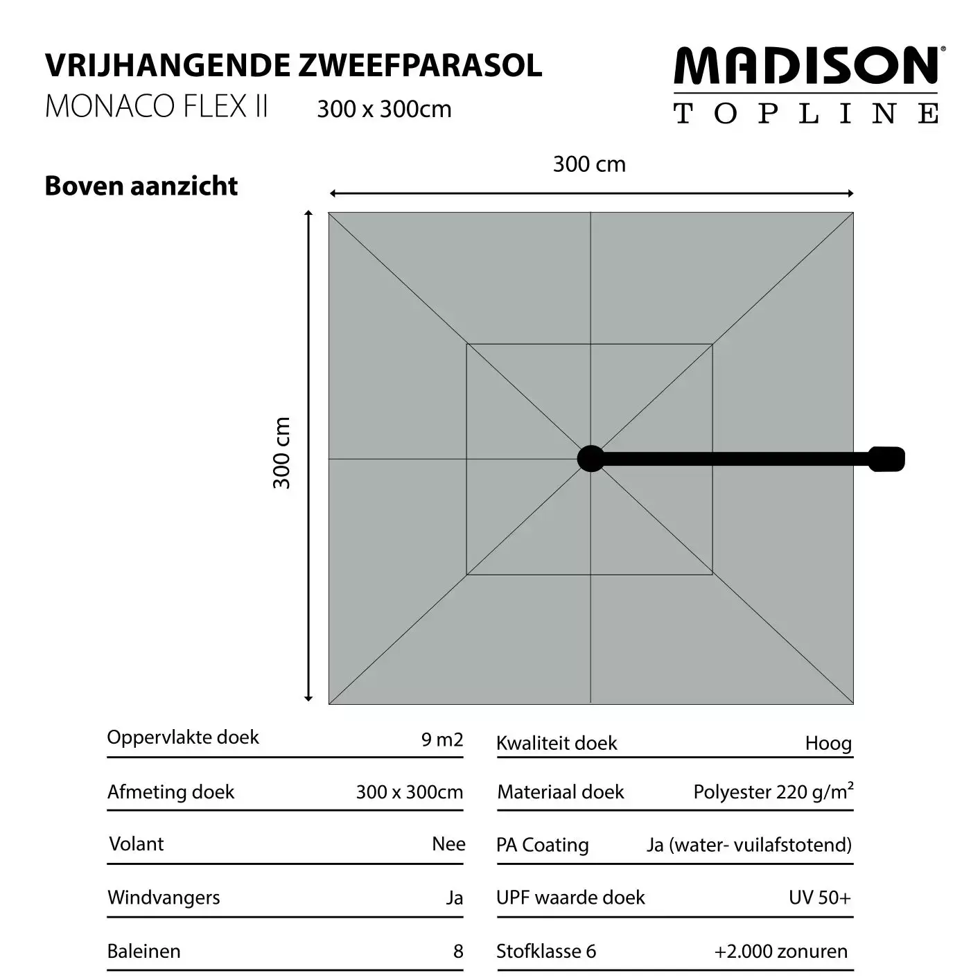 Zweefparasol Monaco flex II cm Polyester sage groen - Tuinmeubels.nl